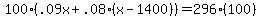 100%28.09x%2B.08%28x-1400%29%29=+296%28100%29
