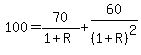 100=70%2F%281%2BR%29%2B60%2F%281%2BR%29%5E2