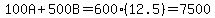 100A%2B500B=600%2812.5%29=7500