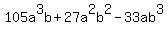 105a%5E3b+%2B+27a%5E2b%5E2+-+33ab%5E3