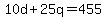 10d+%2B+25q+=+455