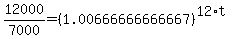 12000%2F7000=%281.00666666666667%29%5E%2812%2At%29