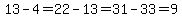 13-4=22-13=31-33=9