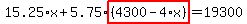 15.25%2Ax%2B5.75%2Ahighlight%28%284300-4%2Ax%29%29=19300
