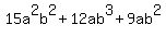 15a%5E2b%5E2+%2B+12ab%5E3+%2B9ab%5E2