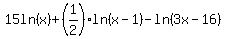 15ln%28x%29+%2B+%281%2F2%29ln%28x+-+1%29+-+ln%283x+-+16%29