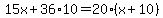 15x%2B36%2A10=20%28x%2B10%29