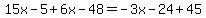 15x-5%2B6x-48+=+-3x-24%2B45