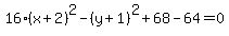 16%28x%2B2%29%5E2-%28y%2B1%29%5E2%2B68-64=0+