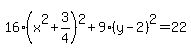 16%28x%5E2%2B3%2F4%29%5E2+%2B+9%28y-2%29%5E2+=+22+