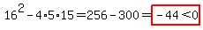 16%5E2-4%2A5%2A15=256-300=highlight%28-44%3C0%29