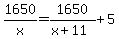 1650%2Fx+=+1650%2F%28x%2B11%29%2B5