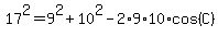 17%5E2=9%5E2%2B10%5E2-2%2A9%2A10%2Acos%28C%29