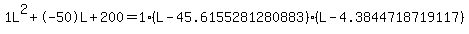 1L%5E2%2B-50L%2B200+=+1%28L-45.6155281280883%29%2A%28L-4.3844718719117%29