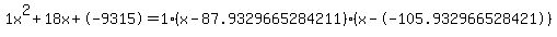 1x%5E2%2B18x%2B-9315+=+1%28x-87.9329665284211%29%2A%28x--105.932966528421%29