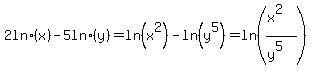 2+ln%28x%29-5+ln%28y%29=ln%28x%5E2%29-ln%28y%5E5%29=ln%28%28x%5E2%29%2F%28y%5E5%29%29