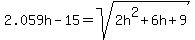2.059h-15=sqrt%282h%5E2%2B6h%2B9%29