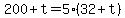200%2Bt=5%2832%2Bt%29