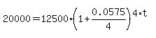 20000=12500%281%2B0.0575%2F4%29%5E%284%2At%29