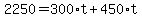 2250=300%2At%2B450%2At