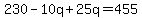 230+-+10q+%2B+25q+=+455