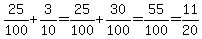 25%2F100+%2B3%2F10=25%2F100%2B30%2F100=55%2F100=11%2F20