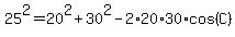25%5E2+=+20%5E2+%2B+30%5E2-2%2A20%2A30%2Acos%28C%29