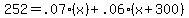 252+=+.07%28x%29+%2B+.06%28x%2B300%29