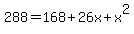 288=168%2B26x%2Bx%5E2