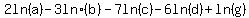 2ln%28a%29+-+3+ln%28b%29+-+7ln%28c%29+-+6ln%28d%29+%2B+ln%28g%29