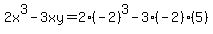 2x%5E3-3xy=2%28-2%29%5E3-3%28-2%29%285%29