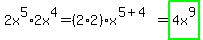 2x%5E5%2A2x%5E4+=+%282%2A2%29x%5E%285%2B4%29+=+highlight_green%284x%5E9%29