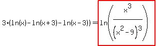 3%28ln%28x%29-ln%28x%2B3%29-ln%28x-3%29%29=highlight%28ln%28x%5E3%2F%28x%5E2-9%29%5E3%29%29