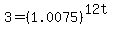 3+=+%281.0075%29%5E%2812t%29