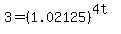 3+=+%281.02125%29%5E%284t%29