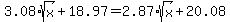 3.08%2Asqrt%28x%29+%2B+18.97+=+2.87%2Asqrt%28x%29+%2B+20.08