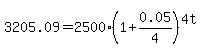 3205.09=2500%281%2B0.05%2F4%29%5E%284t%29