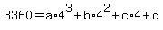 3360=a%2A4%5E3%2Bb%2A4%5E2%2Bc%2A4%2Bd