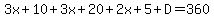 3x%2B10%2B3x%2B20%2B2x%2B5%2BD=360