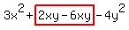 3x%5E2%2Bhighlight%282xy-6xy%29-4y%5E2
