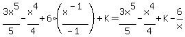 3x%5E5%2F5-x%5E4%2F4%2B6%28x%5E%28-1%29%2F%28-1%29%29%2BK=3x%5E5%2F5-x%5E4%2F4%2BK-6%2Fx