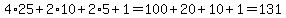 4%2A25%2B2%2A10%2B2%2A5%2B1=100%2B20%2B10%2B1=131