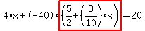 4%2Ax%2B-40%2Ahighlight%28%285%2F2%2B%283%2F10%29%2Ax%29%29=20