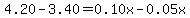 4.20-3.40=0.10x-0.05x