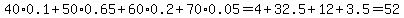 40%2A0.1%2B50%2A0.65%2B60%2A0.2%2B70%2A0.05=4%2B32.5%2B12%2B3.5=52