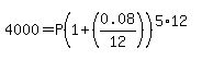 4000=P%281%2B%280.08%2F12%29%29%5E%285%2A12%29