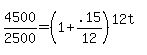 4500%2F2500+=+%281%2B.15%2F12%29%5E%2812t%29