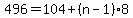 496=104%2B%28n-1%298