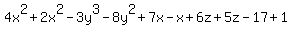 4x%5E2%2B2x%5E2-3y%5E3-8y%5E2%2B7x-x%2B6z%2B5z-17%2B1