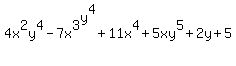 4x%5E2y%5E4-7x%5E3%5Ey%5E4%2B11x%5E4%2B5xy%5E5+%2B+2y+%2B+5